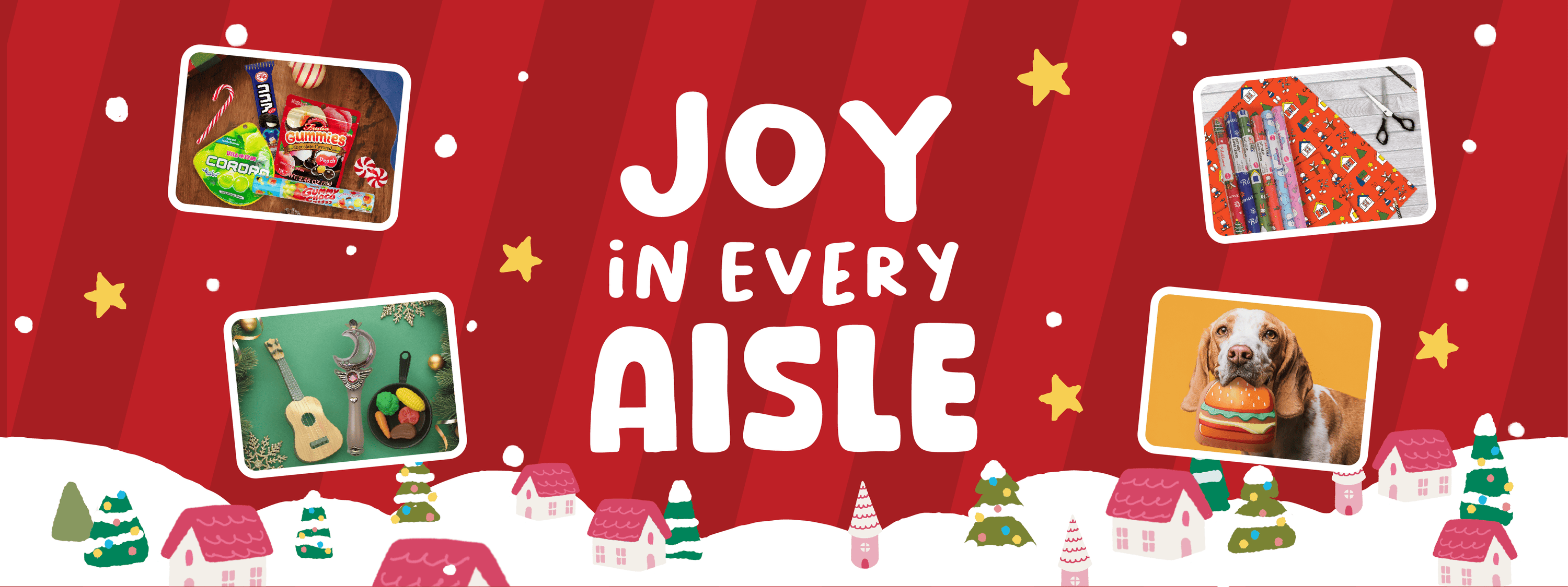 a red and white card with text and houses and stars